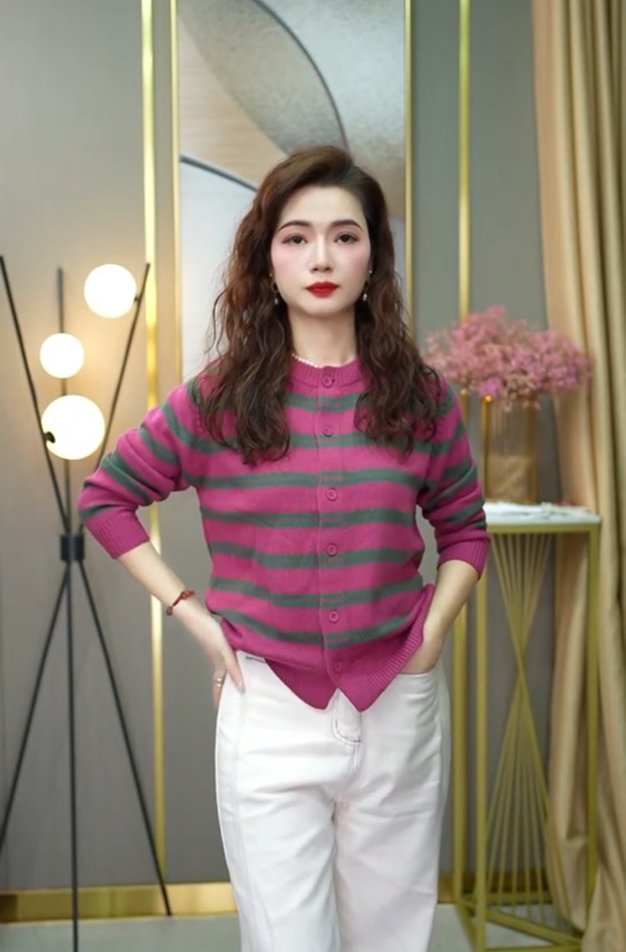 【正品现货】圆领条纹拼色长袖针织开衫春季女士时尚百搭宽松外套