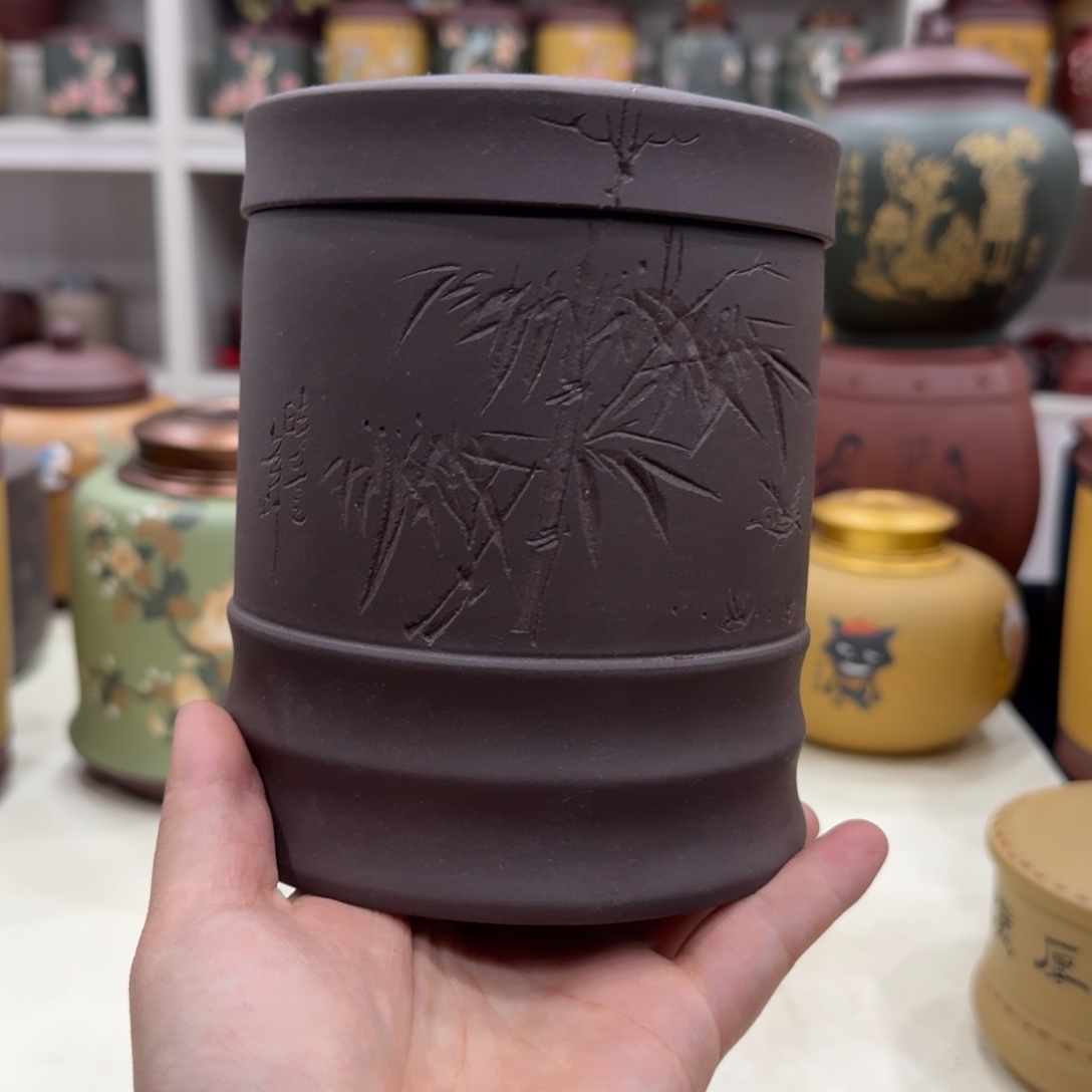 紫砂茶叶罐刻竹竹节