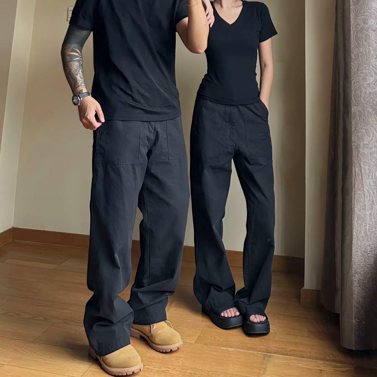 美式vintage立体剪裁布重工伐木裤子宽松黑色直筒重磅工装裤男