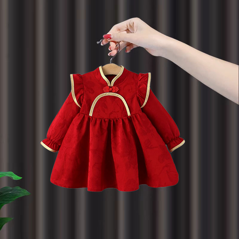 女童旗袍秋季国风汉服连衣裙女宝宝周岁礼服抓周服唐装长袖公主裙