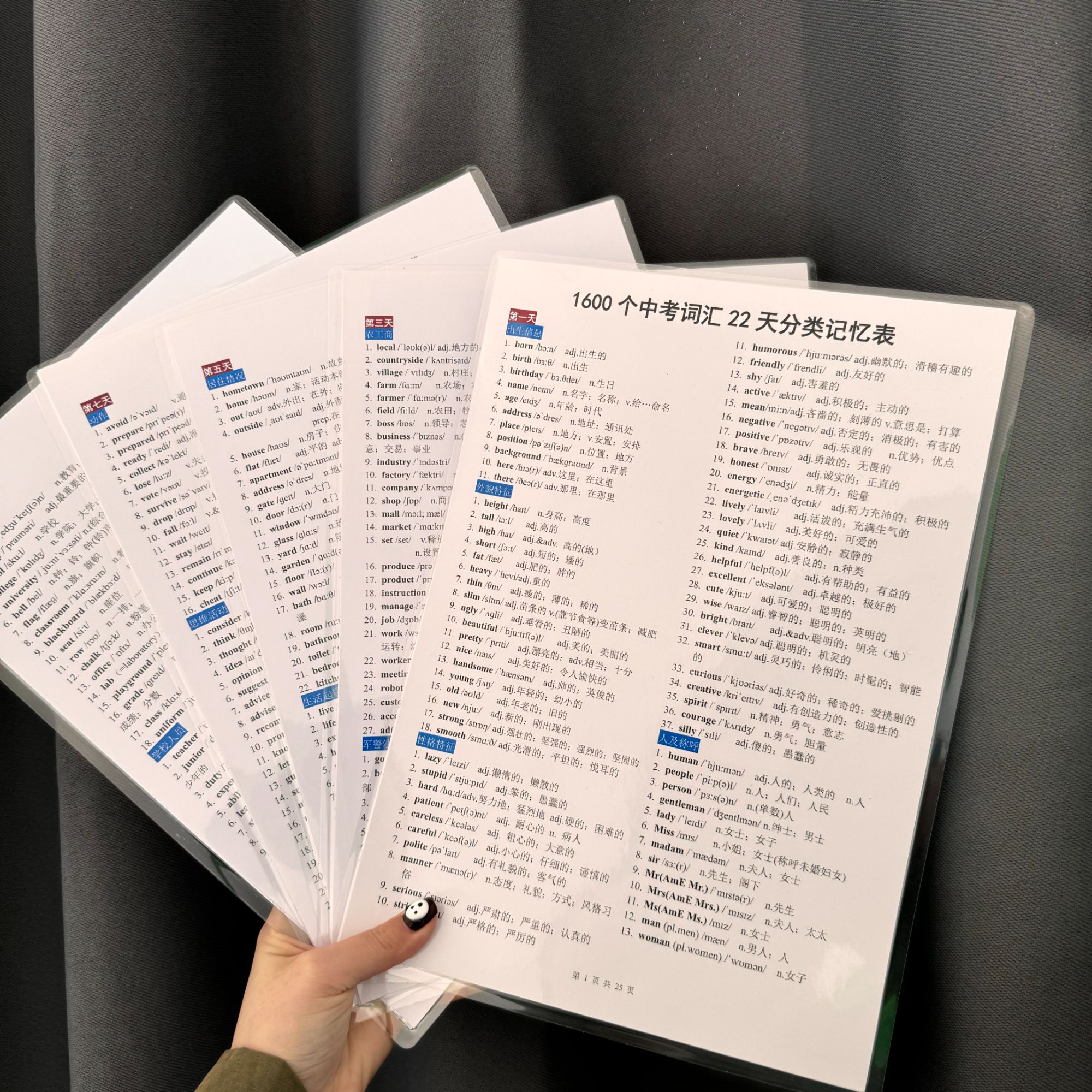 1600个词汇22天分类记忆表中考必备高清卡片老师推荐精炼方便记忆