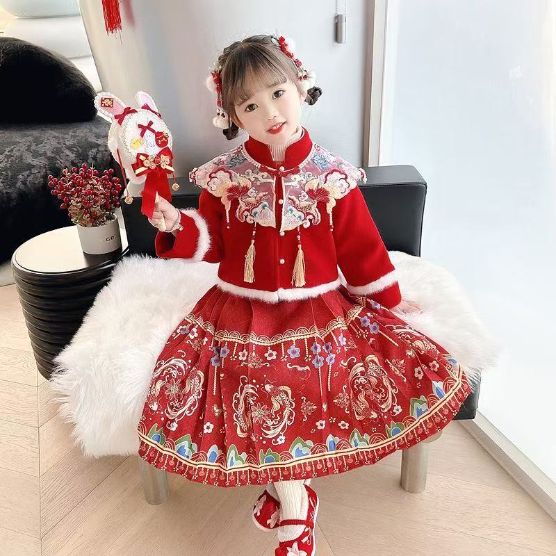 女童冬装汉服马面裙套装宝宝新年加厚古装红色喜庆过年唐装拜年服