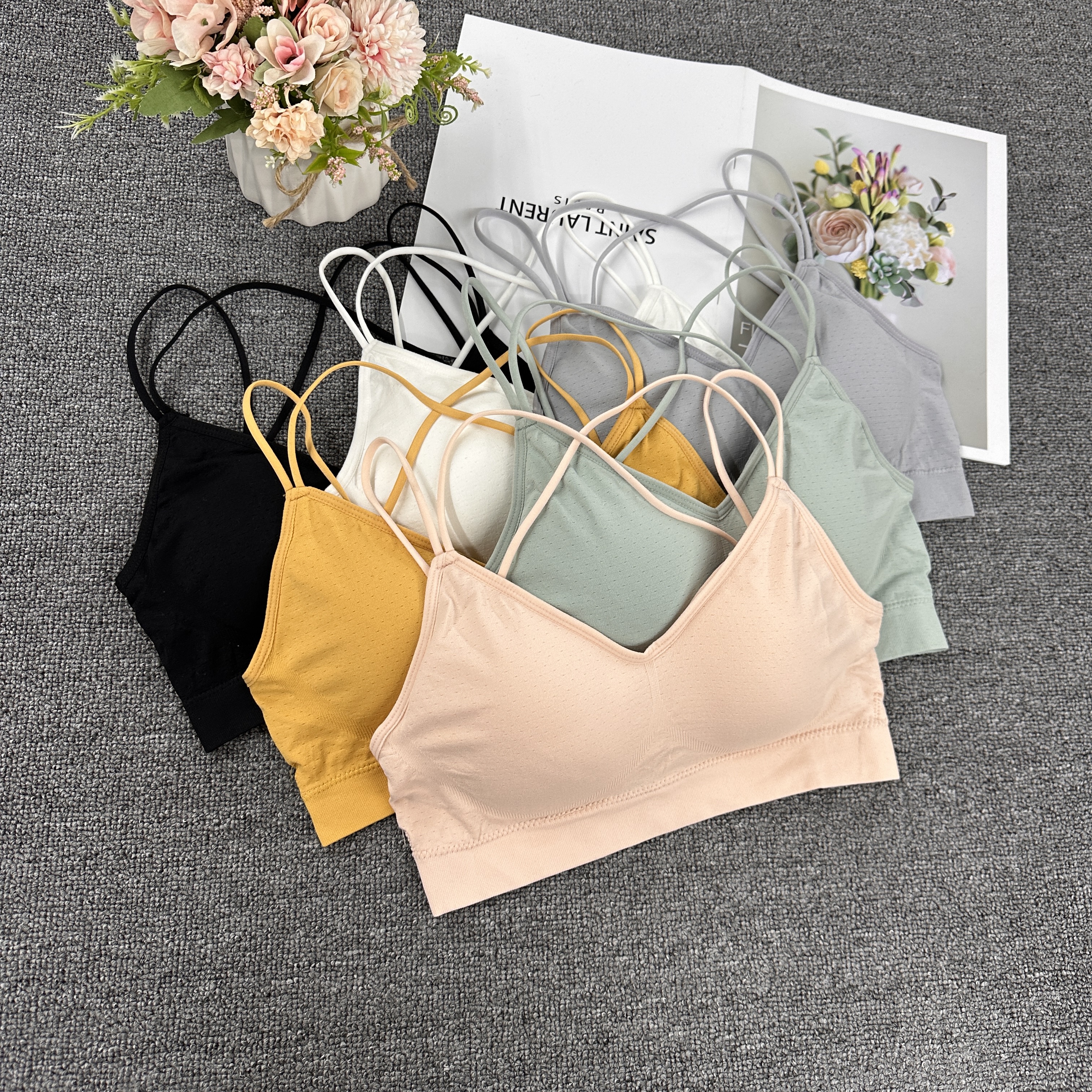 6633#显大厚杯交叉细肩带美背纯色裹胸厚杯吊带运动透气内衣文胸