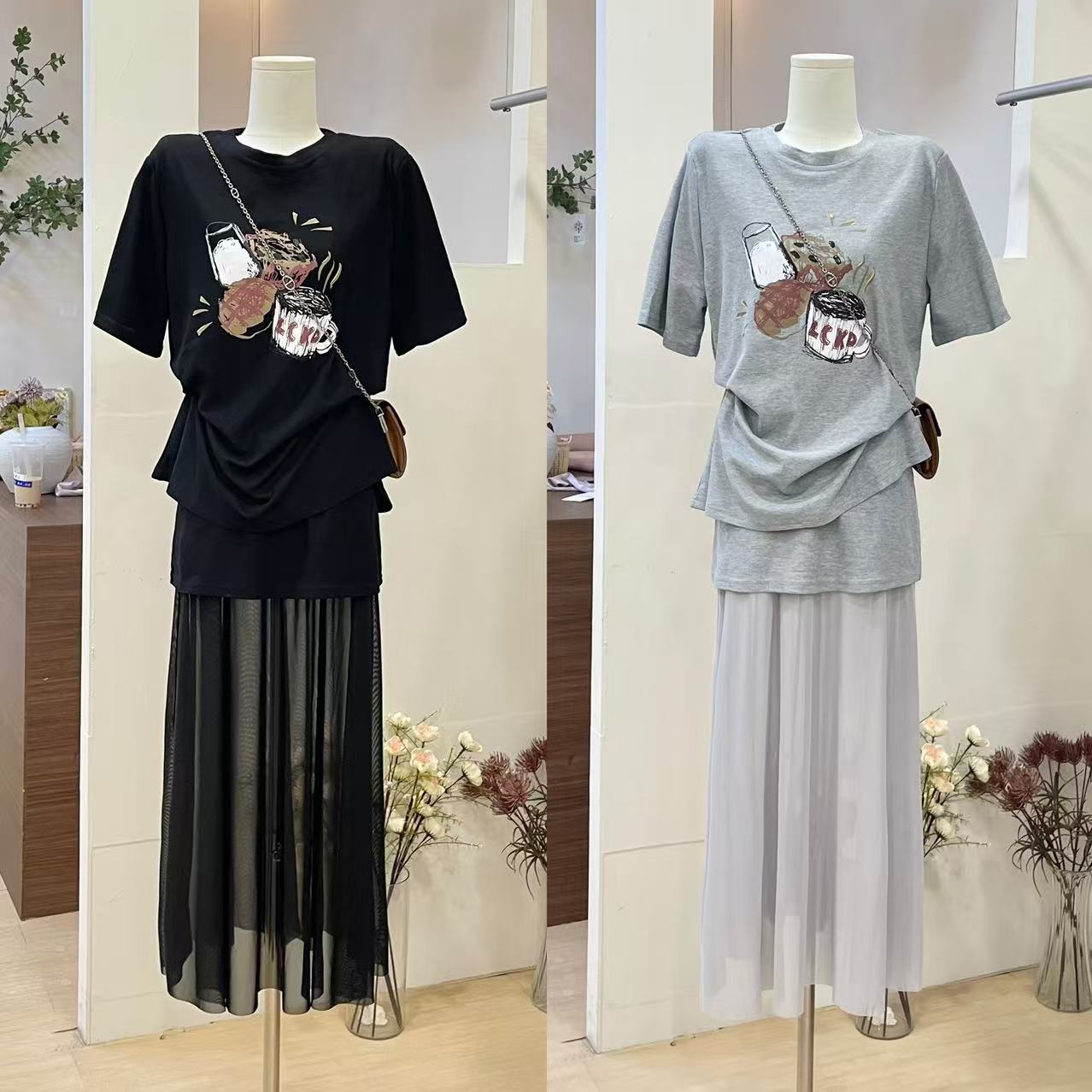 印花露背交叉绑带短袖T恤网纱半身裙套装