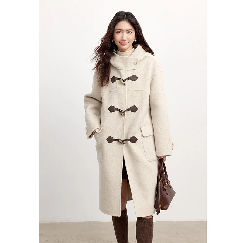 高智学院风斗篷牛角扣双面羊毛大衣女2025秋季新款1FA972061