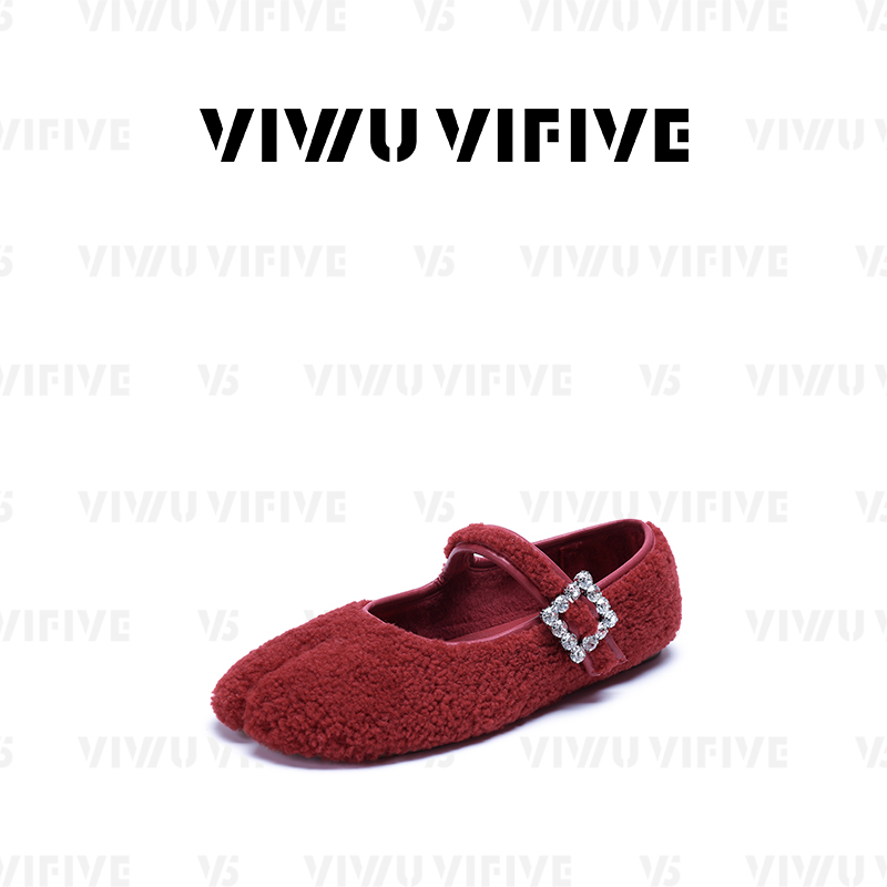 V5「雪樱」2025新款爆款流光风法式毛茸茸分趾芭蕾风圆头平底单鞋女