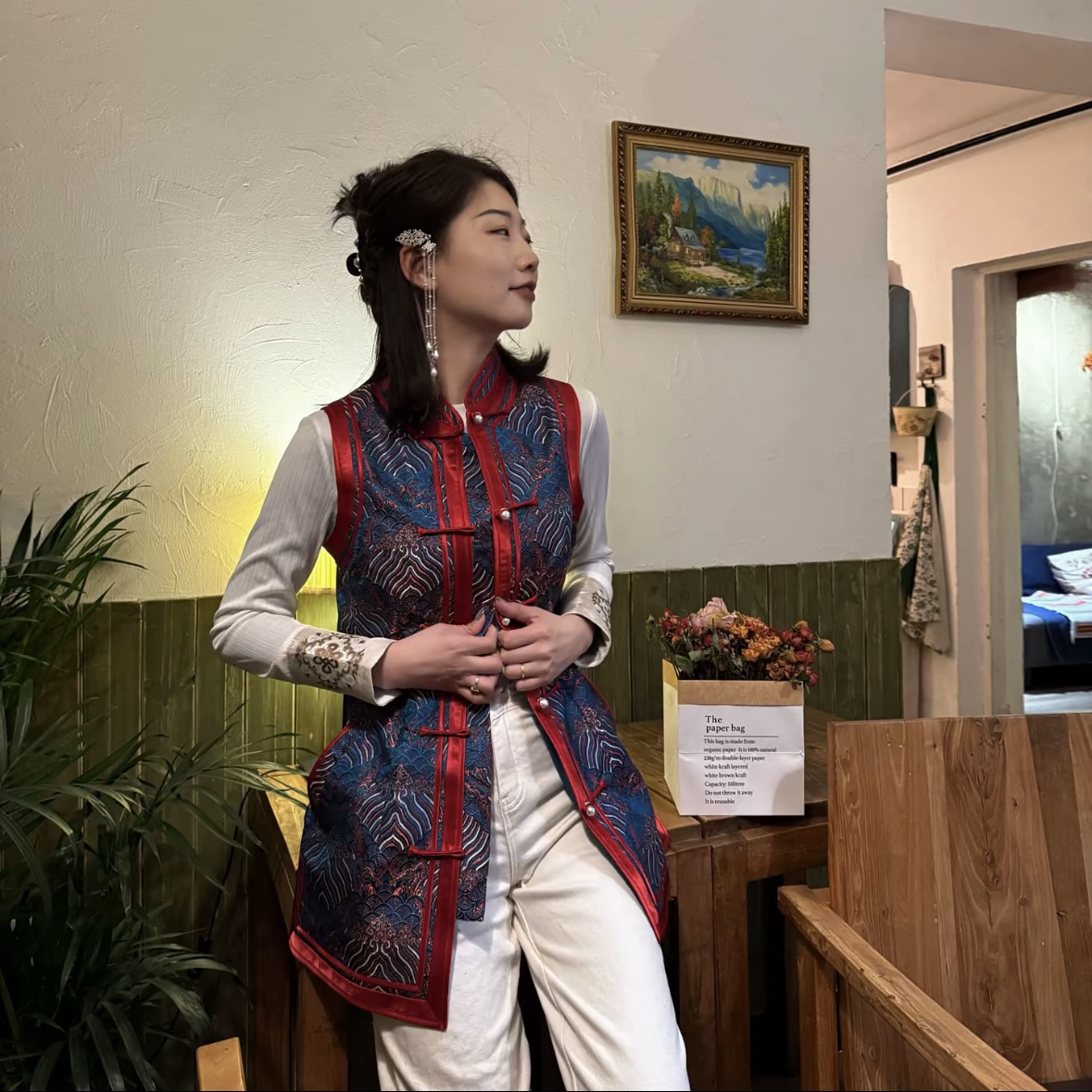 【蒙克】W0090对襟中长款马甲（带兜）