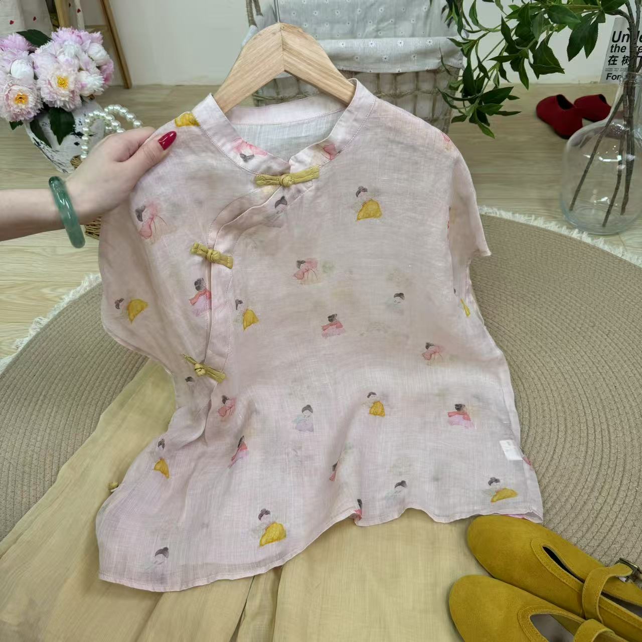 薄款印染飞飞袖立领斜襟上衣夏款花色