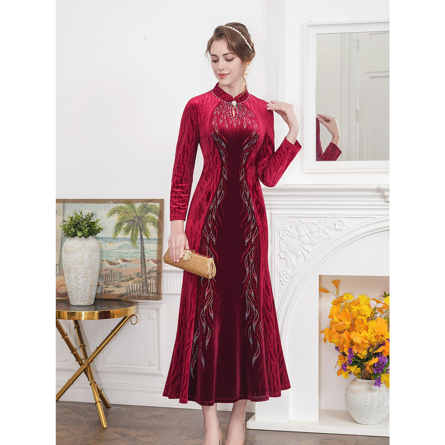 碧阳宴会枣红色妈妈显瘦中式优雅长款改良旗袍礼服-62129