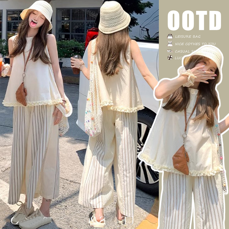 孕妇装两件套时尚洋气夏季时尚孕期法式背心上衣阔腿裤宽松套装