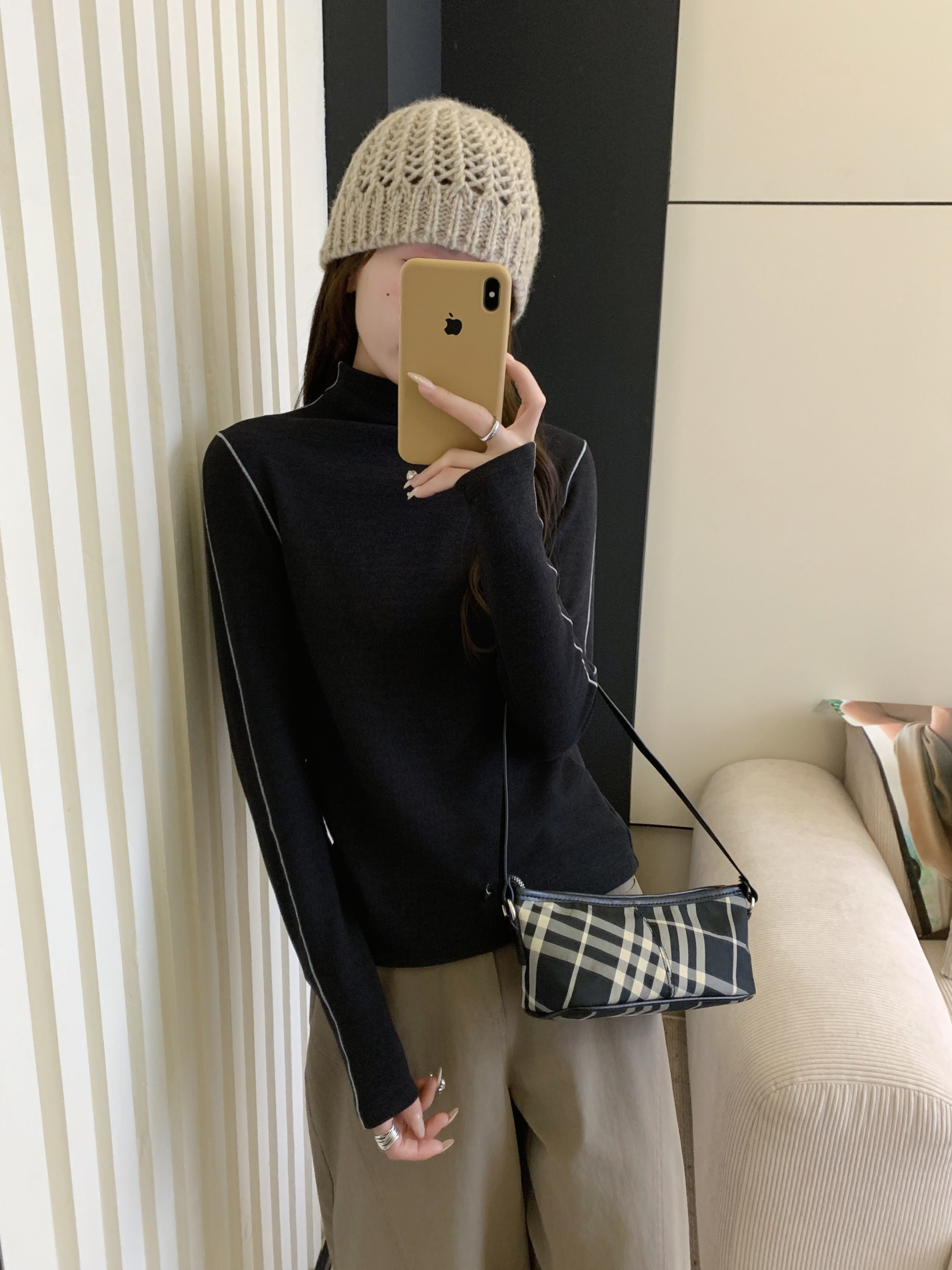 A6632-【lu思同款肌底衣】撞线半高领保暖T恤