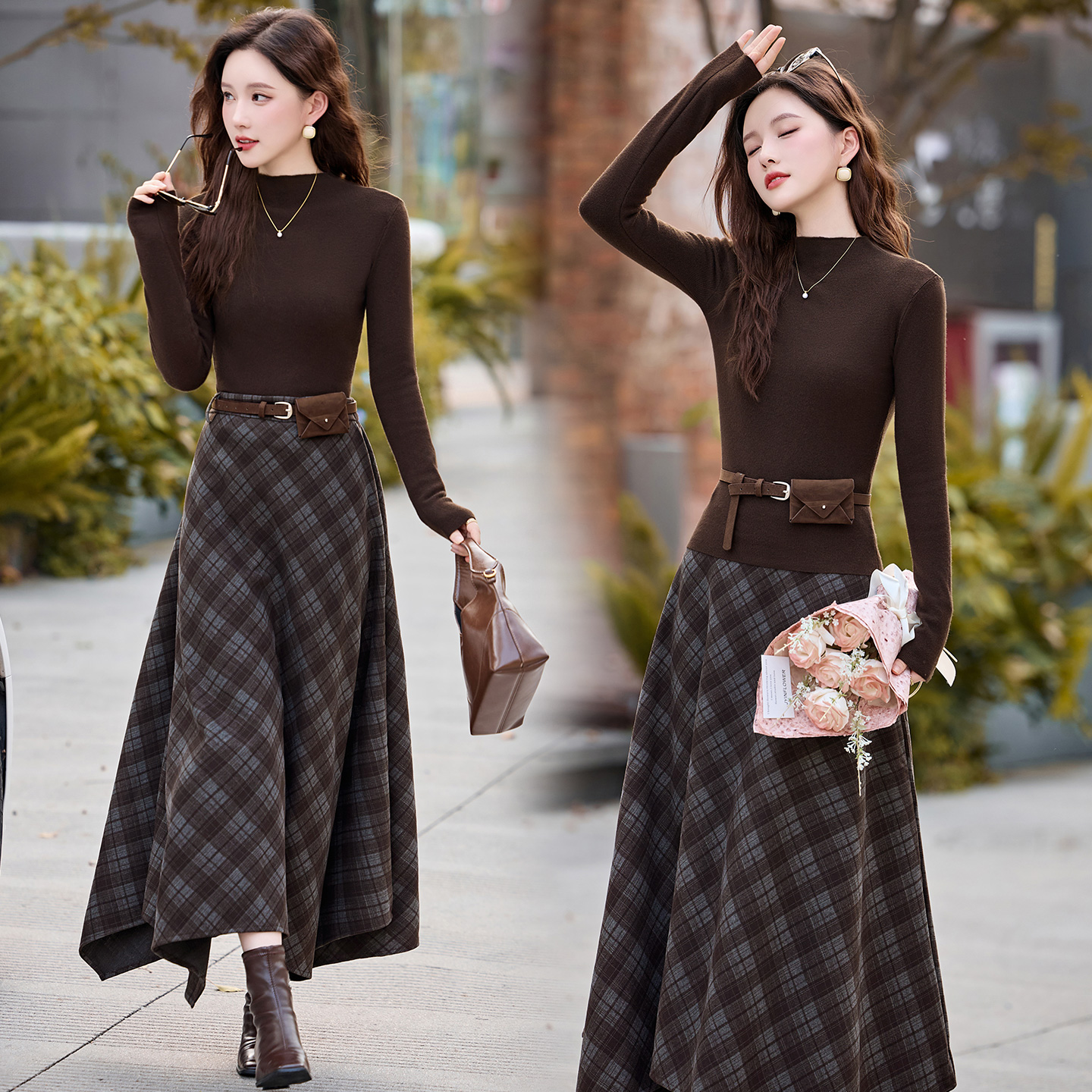 两件套连衣裙女秋冬2025新款高级感时尚洋气针织毛衣打底套装裙子