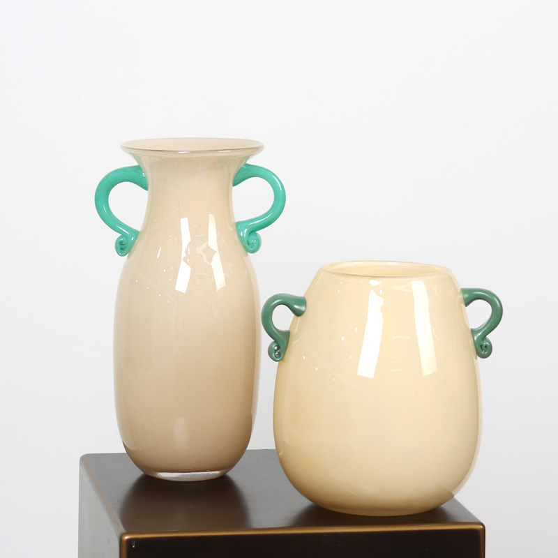 中古风双耳彩色玻璃花瓶客厅鲜花干花电视柜家居酒店装置摆件