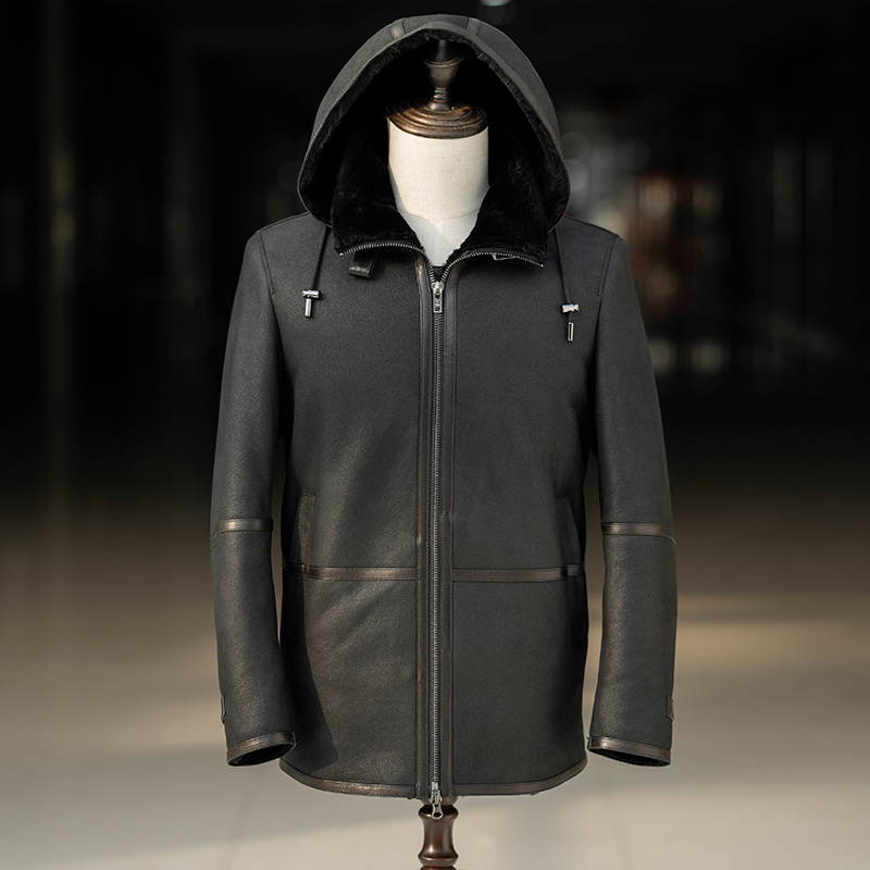 连帽中长款皮毛一体男真皮真毛皮草外套冬季御寒真皮毛大衣