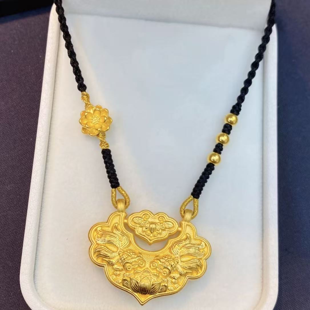 铜合金项链 气质 编织款莲花锦鲤锁锁骨项链编绳女款中古