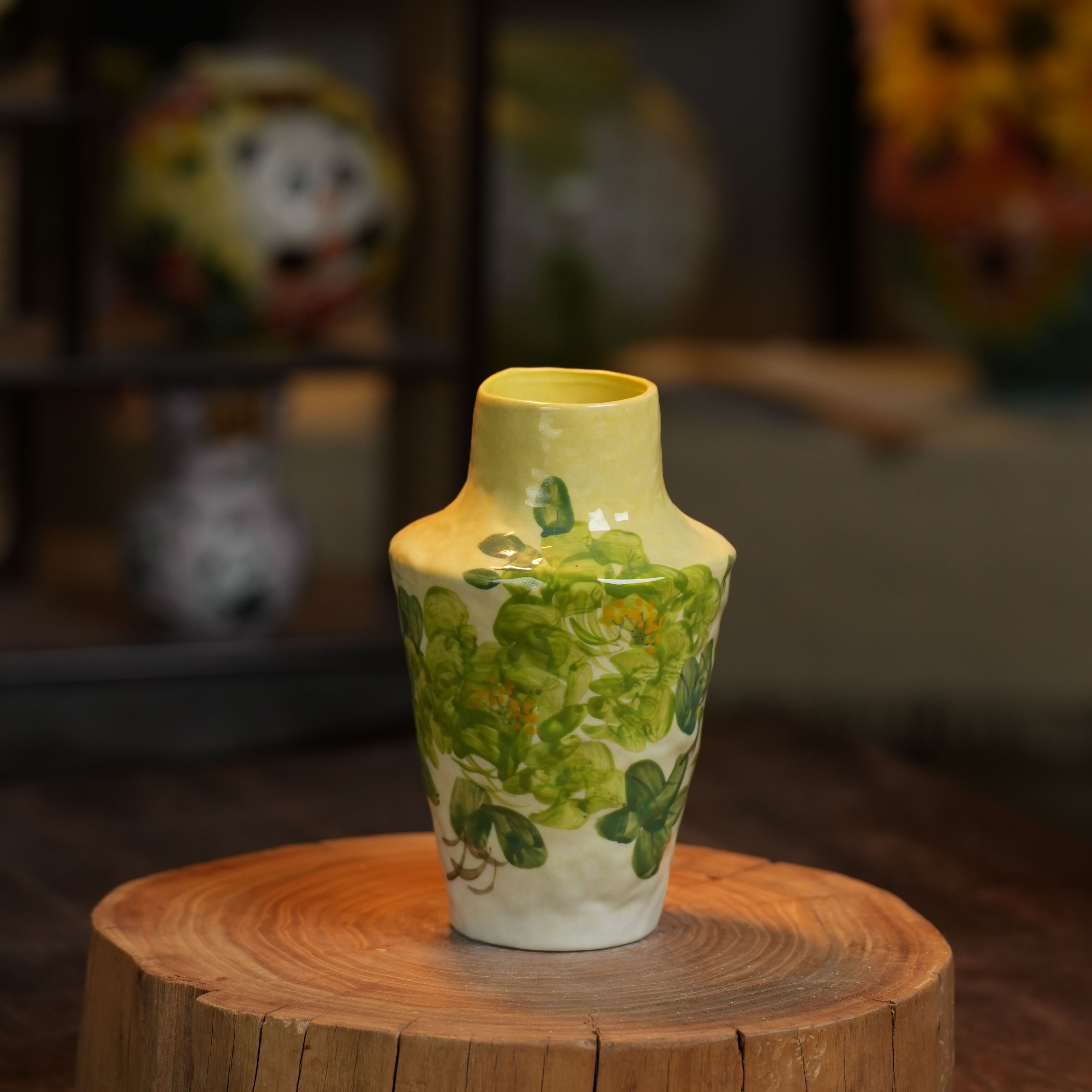 『042』0128-瑞意花瓶绿叶牡丹黄口（口7，高21）