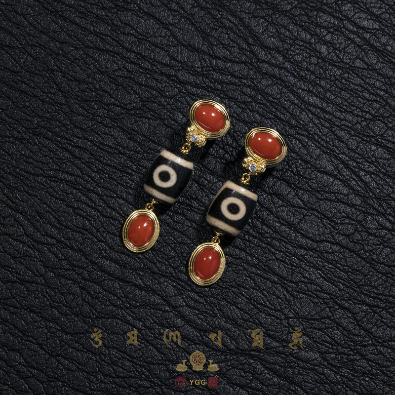 二眼-天然红珊瑚蛋面耳钉耳坠/FYFDW82