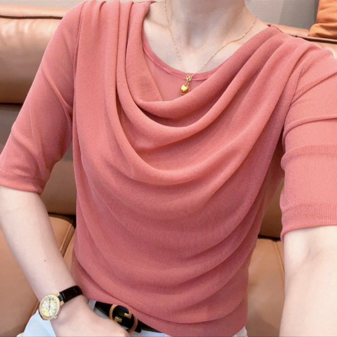 秋冬新款堆堆领五分袖T恤修身显瘦洋气内搭上衣