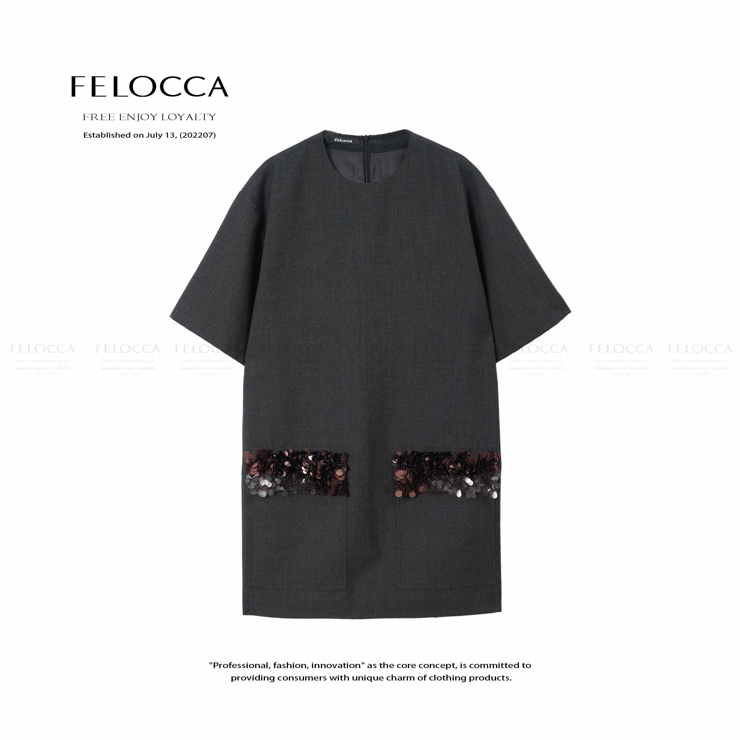 【FELOCCA】小众设计洋气圆领短袖手工珠片连衣裙25ALQ614