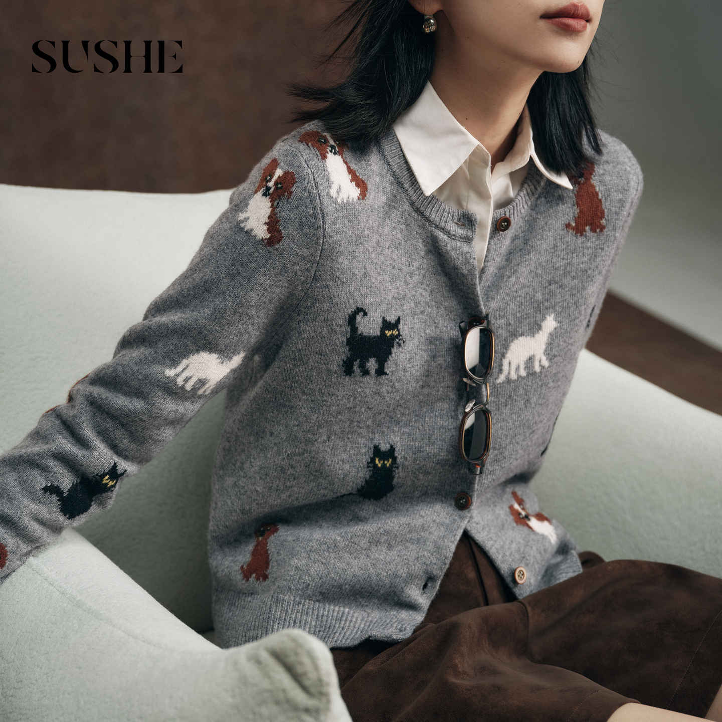 束皙SUSHE 暖绗 复古学院风 100羊毛撞色提花圆领弹力针织开衫女