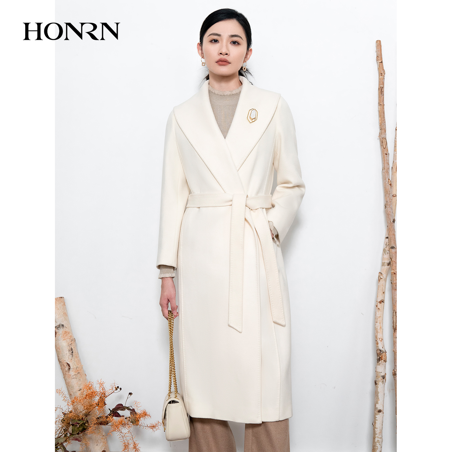 HONRN/红人中长款系带山羊绒羊毛呢子大衣外套女秋冬HI55OD866