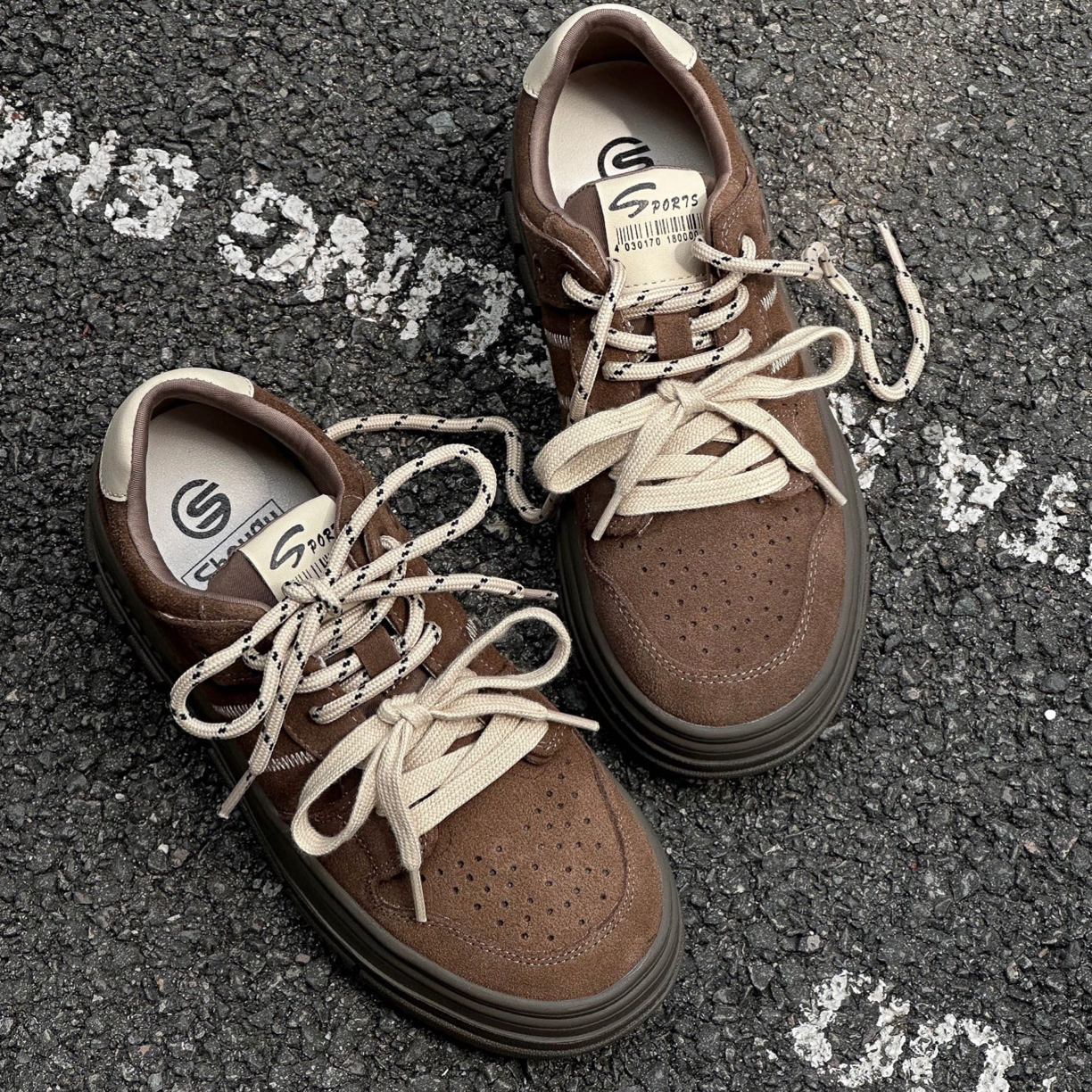 韩衣舍6935韩版磨砂皮板鞋秋季时尚休闲鞋中口拼色浅口系带防臭