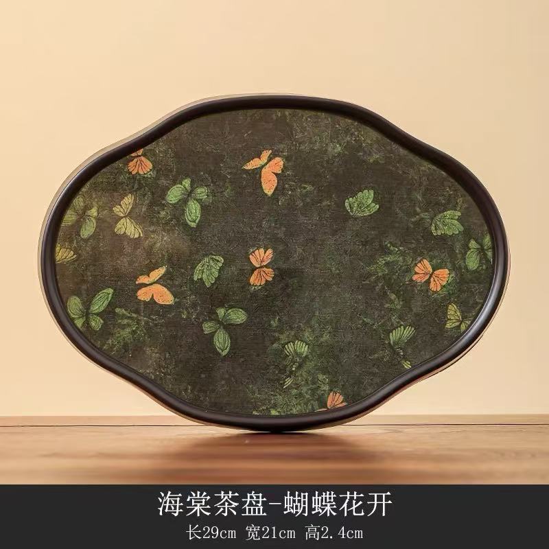 海棠玻璃蝴蝶花开茶盘A13915 