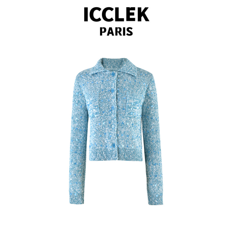 ICCLEK 蓝色翻领开襟长袖针织衫气质轻奢名媛秋冬百搭外 套-3521