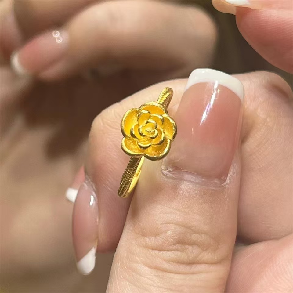 足银戒指 足银999.9 金色玫瑰花戒指（25653）