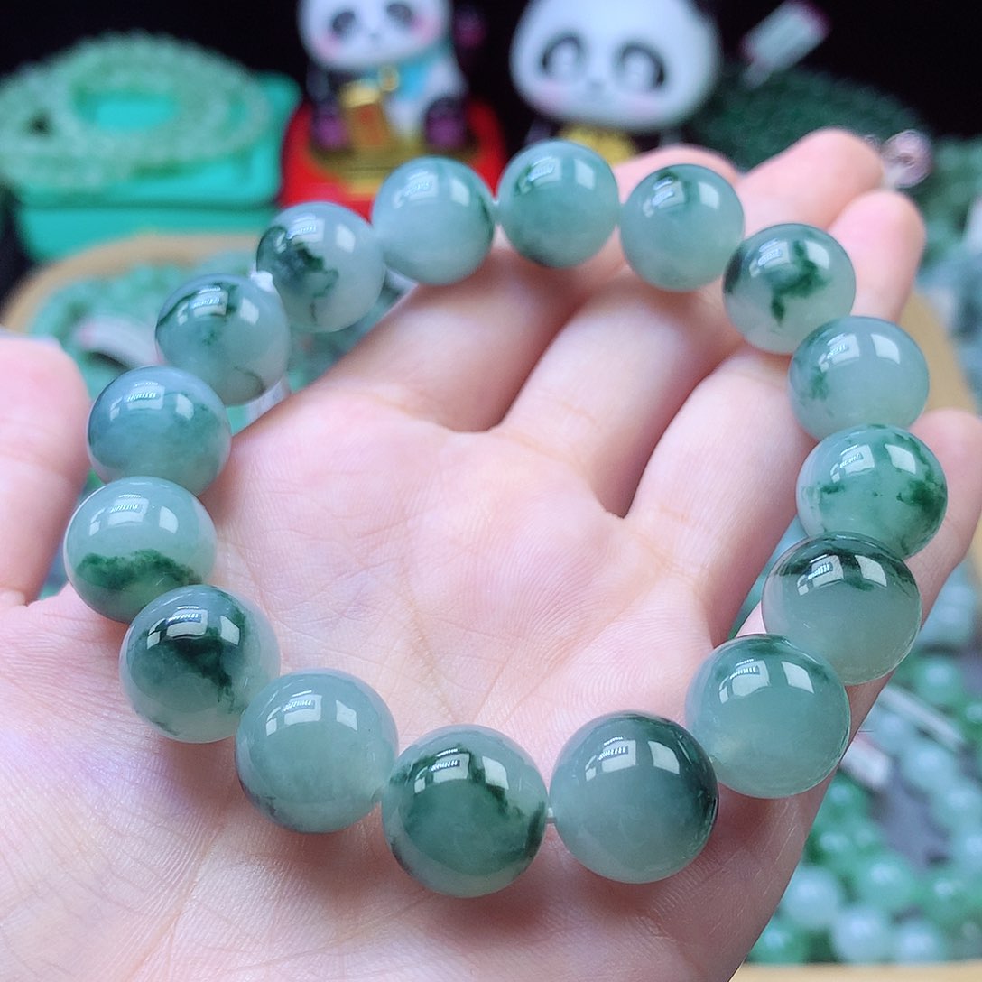 缅甸纯天然A货翡翠冰糯飘花圆珠手串男女款清秀百搭精美卡12