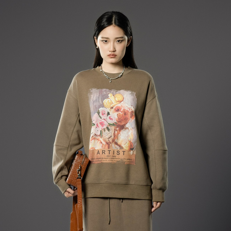 U/TI深粉色小熊油画印花卫衣女装一体绒休闲上衣