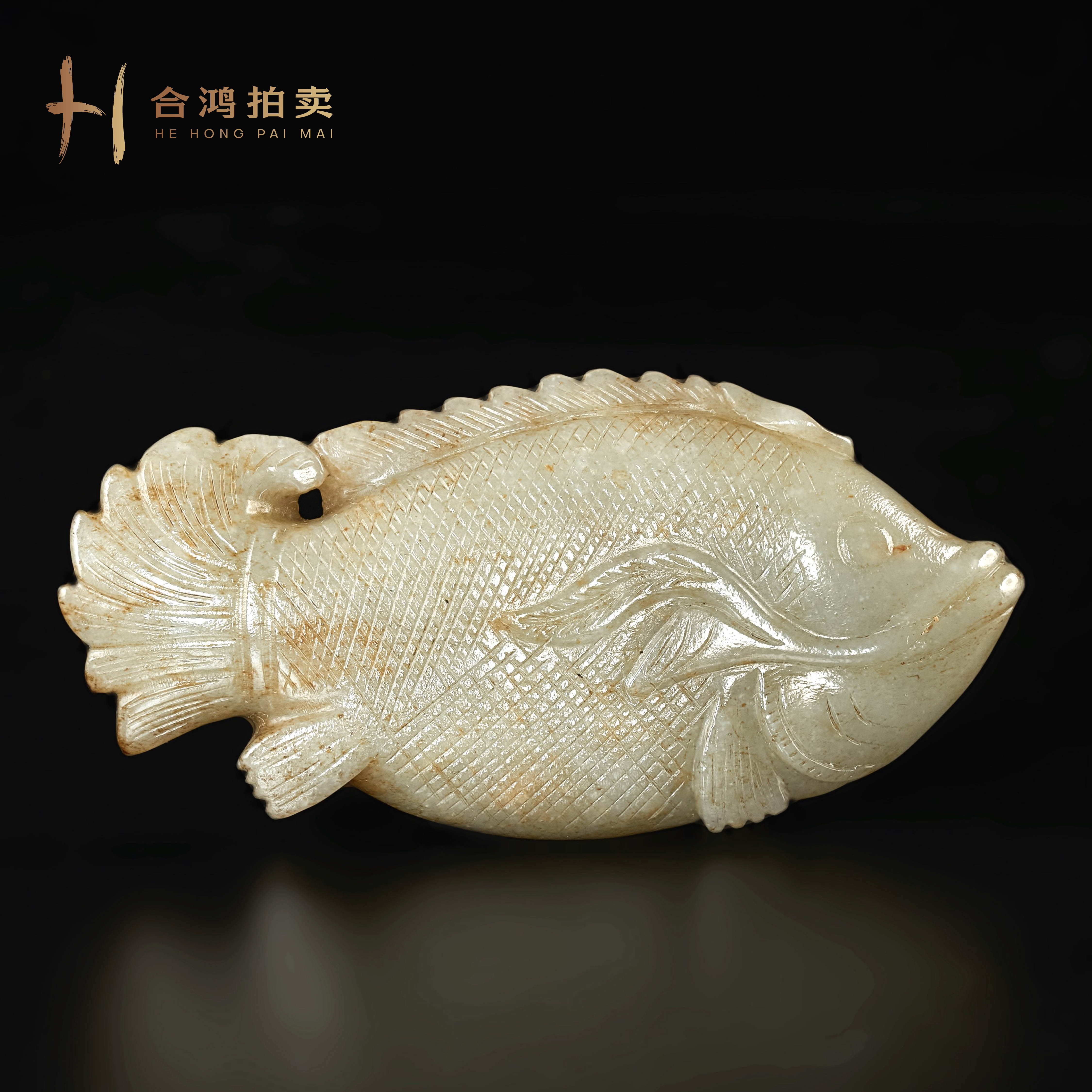 A016 明代 白玉受沁圆雕连年有余把件