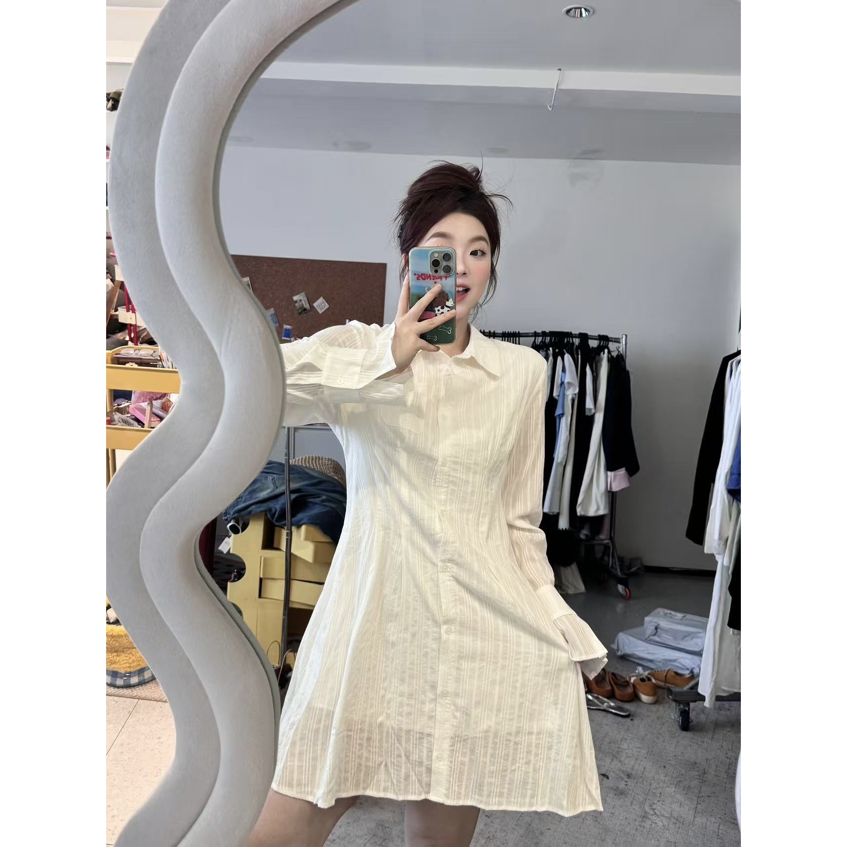 晶咕【腔调理念】袖口花边polo领竖条纹长袖长短版衬衫连衣裙