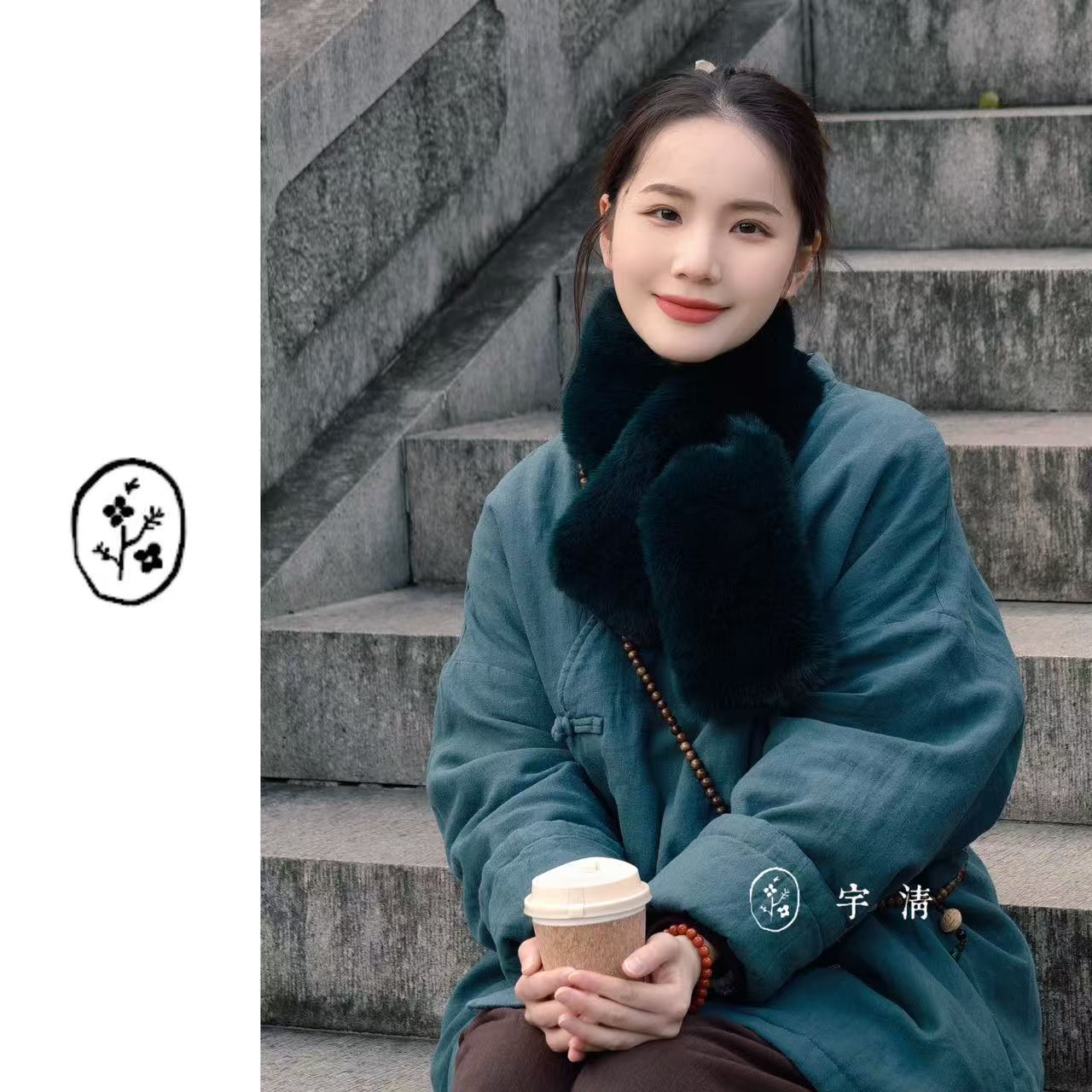 [长乐常安] 新中式冬款100%亚麻纯色盘扣袍子棉服