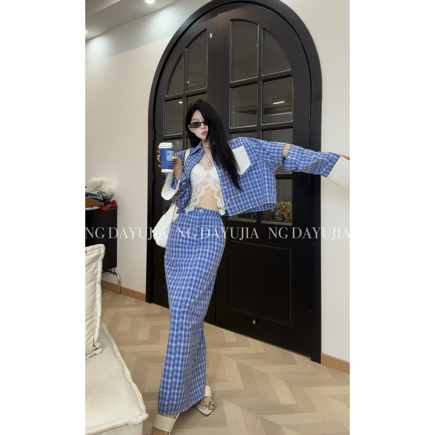 NG DAYU 现货【情迷法兰西】自制断袖撞色格子衬衫+直筒高腰长裙