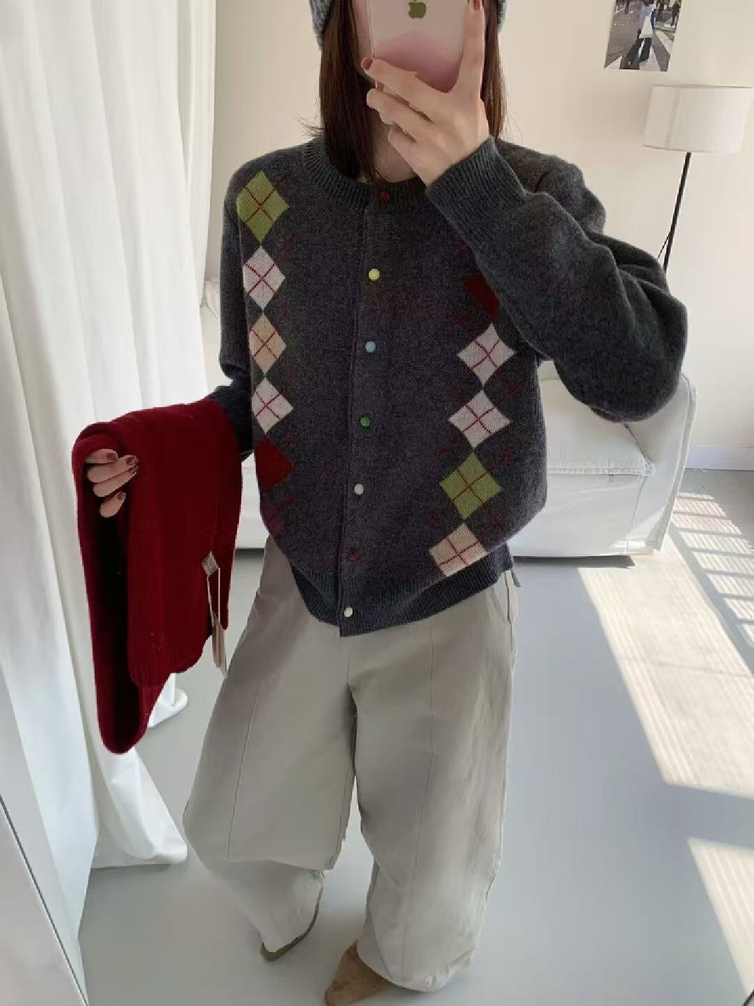 9166-3472 长袖针织菱形格提花拼色毛衣服针织衫开衫