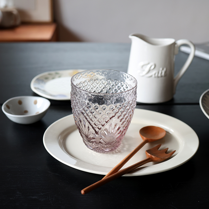 【瑕疵】460ml淡紫色浮雕玻璃口杯 9×10.8cm