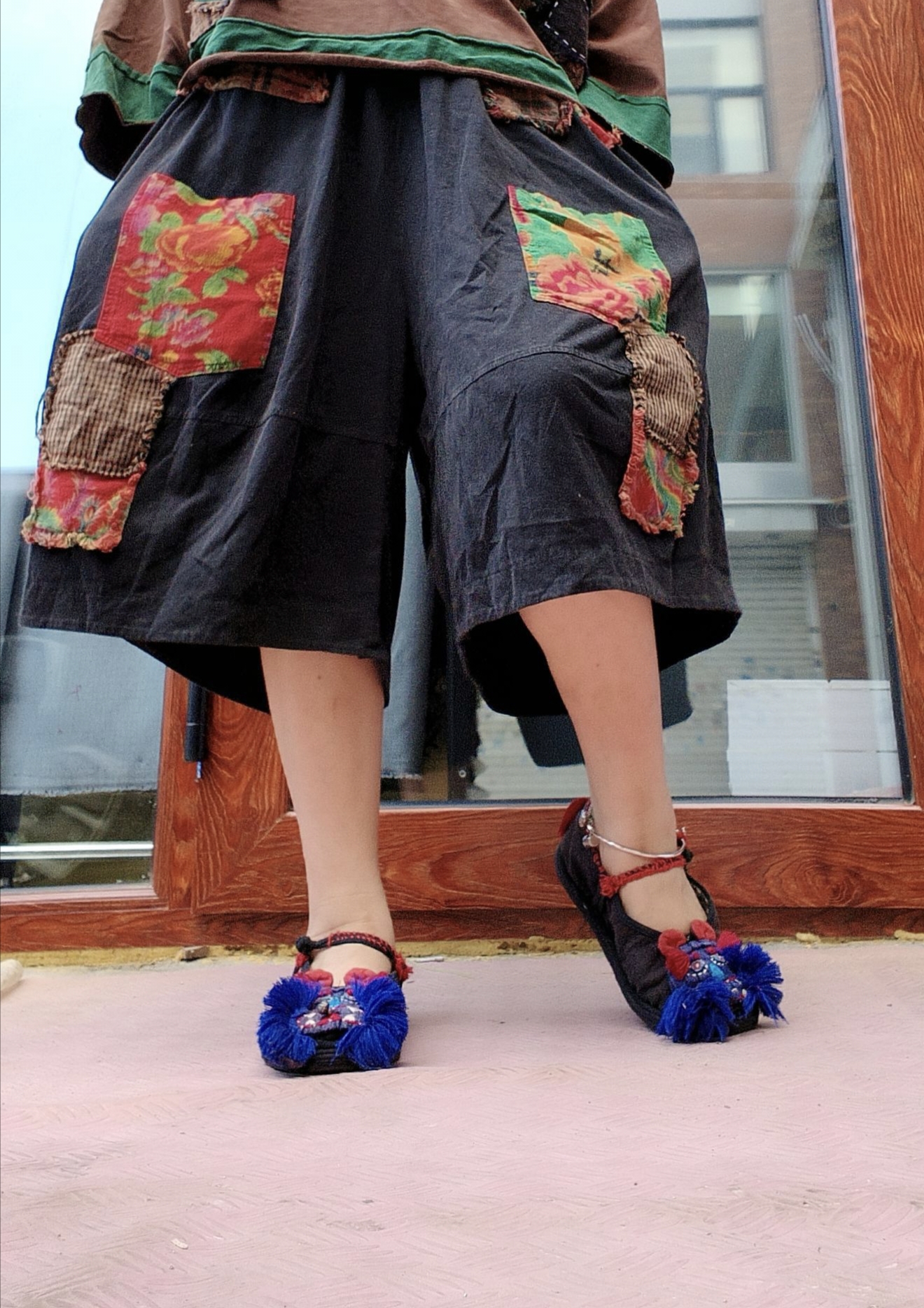 无吊牌炒色做旧黑汉布补丁叮当裤微瑕  介意慎拍