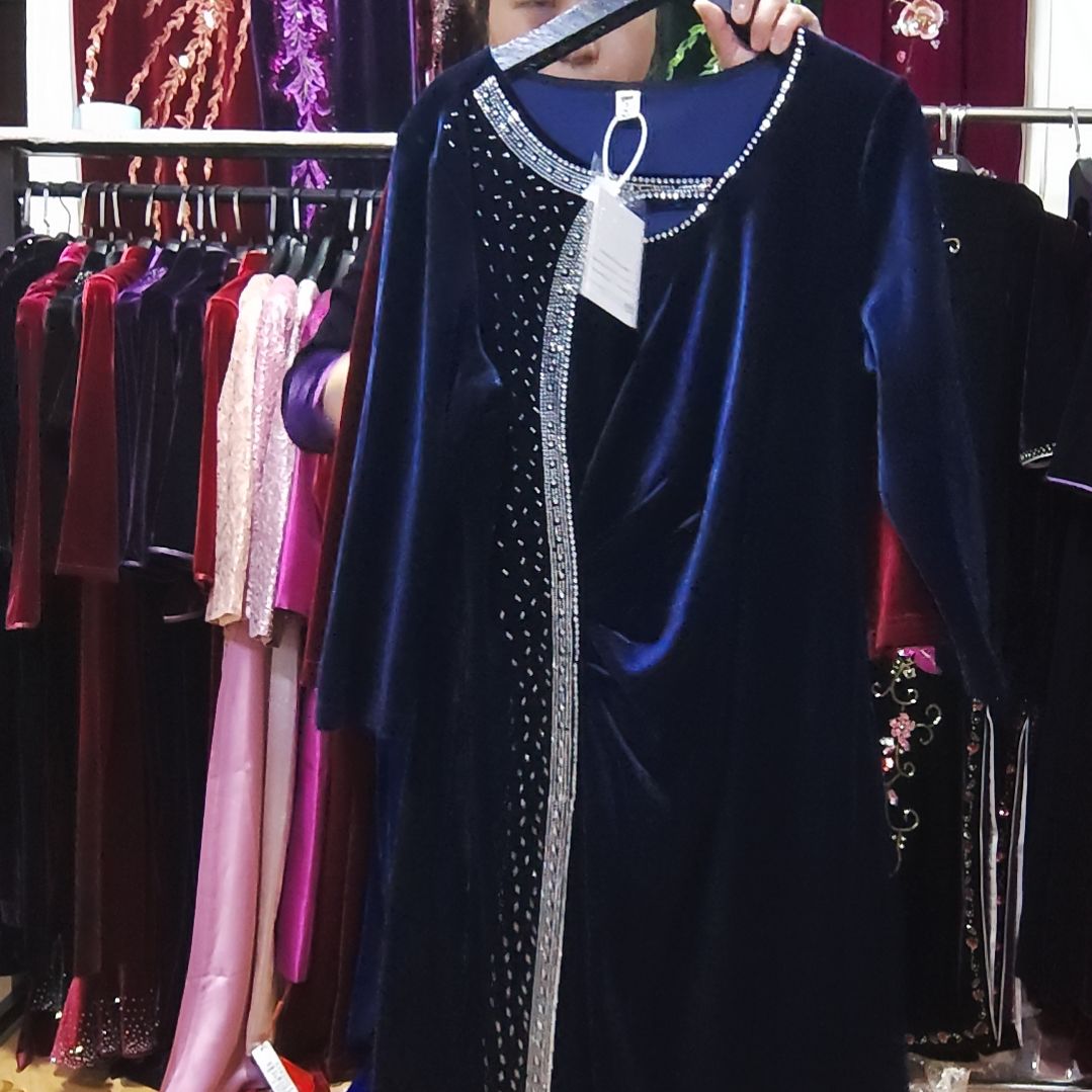 蓝色金丝绒重工中长礼服裙烫钻xl100-120斤左右
