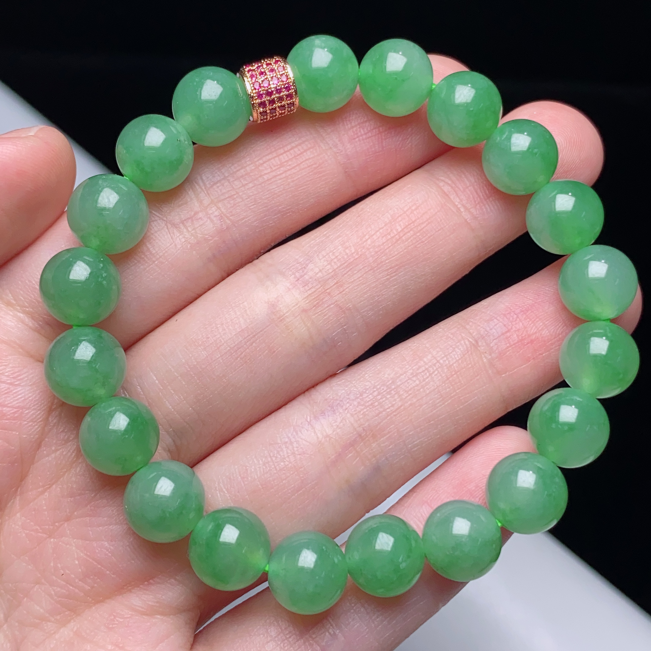 缅甸天然翡翠A货冰种果阳绿飘绿圆珠手链卡9.2mm绿色冰绿满色