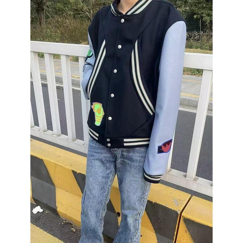 国潮棒球服蓝袖短款棒球服高街vibe拼接男百搭潮流夹克外套潮