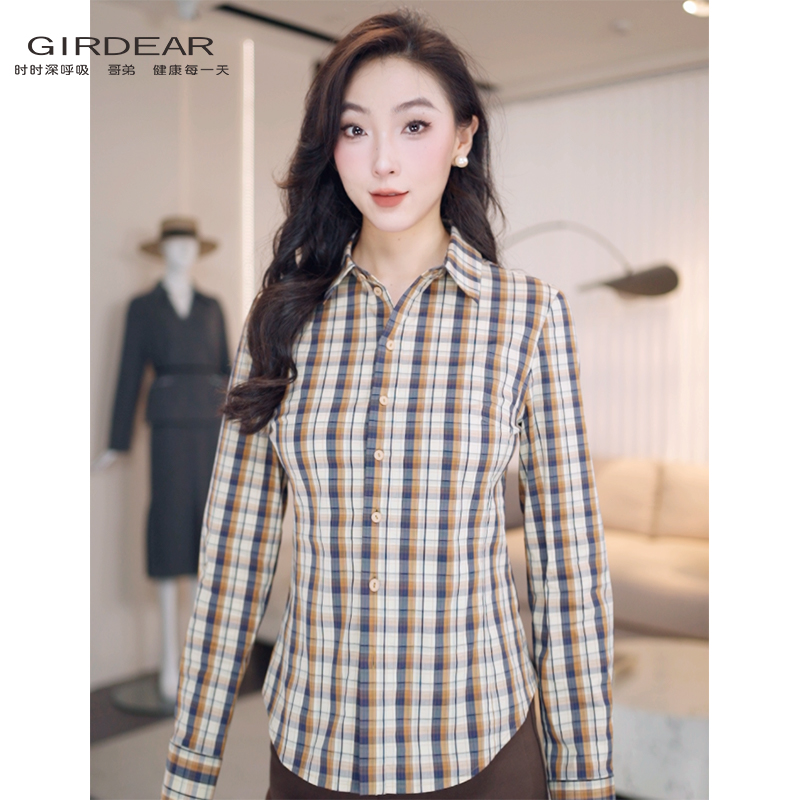 GIRDEAR/哥弟秋冬通勤修身显瘦经典复古格纹休闲长袖衬衫130146