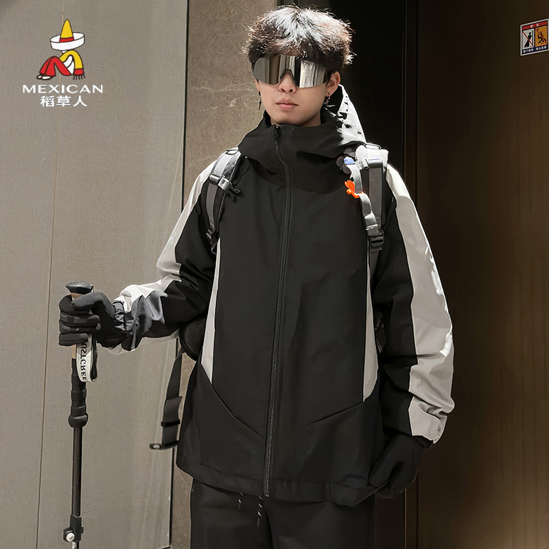 稻草人撞色两面穿情侣宽松防水连帽冲锋衣2025年春秋休闲夹克外套