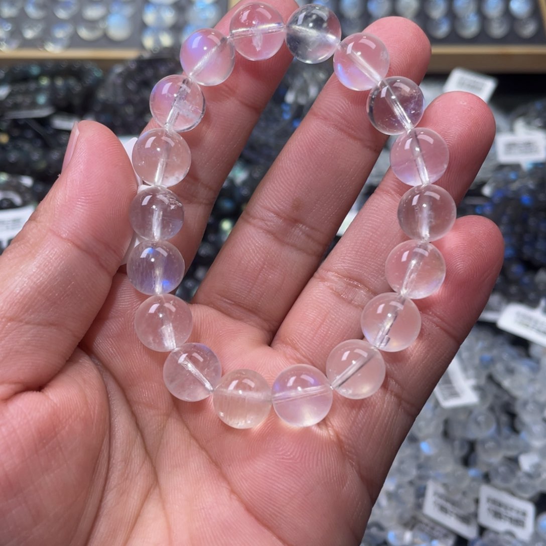 月光石手链未镶嵌咖*猫冰透体蓝月光手链11mm