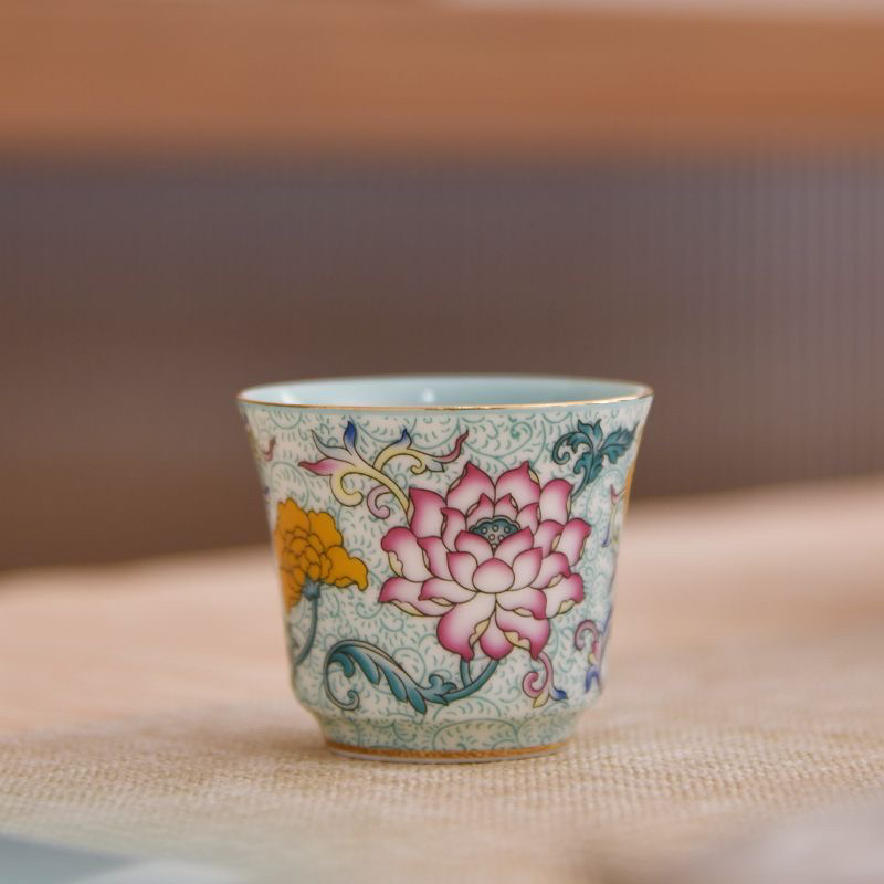 珐琅莲韵马蹄杯珐琅彩粉彩缠枝茶杯蝶恋花主人杯描金中式彩陶
