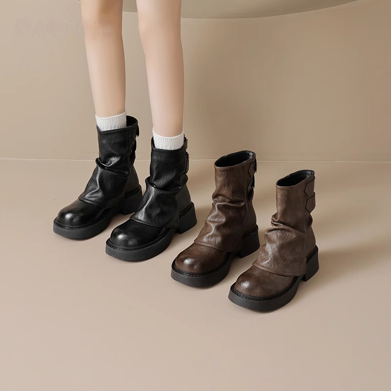 厚底网红堆堆马丁靴女2025秋冬新款褶皱英伦风显腿细粗跟短靴潮