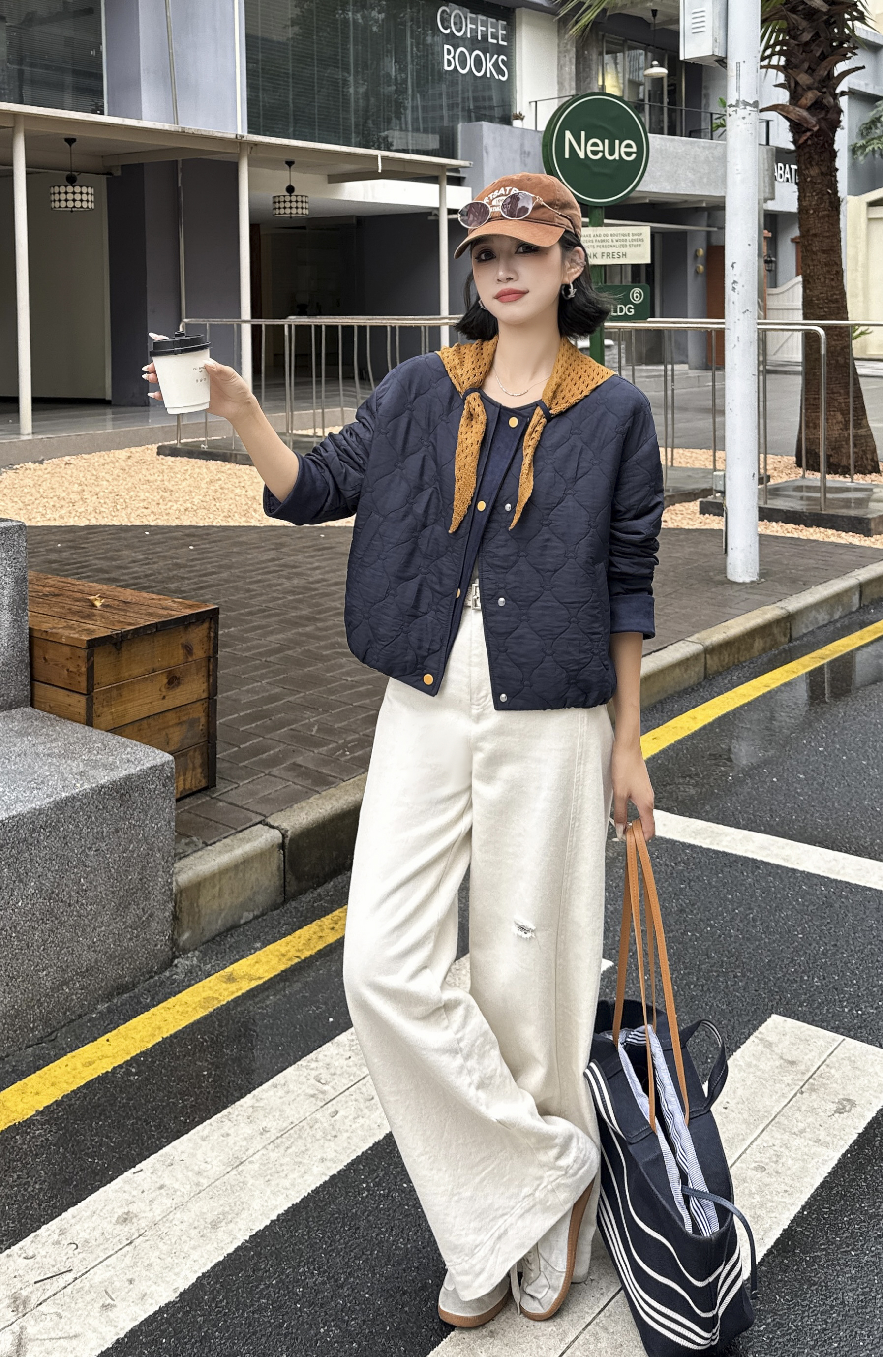 圆领围巾圆领菱形格短款外套秋冬新款宽松休闲拼接袖口外套上衣23