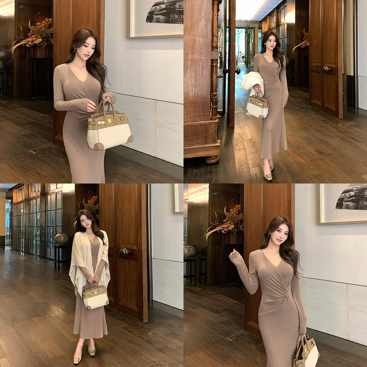 [4号 直播福利] 12/8-12/13扭结V领鱼尾针织连衣裙秋冬显瘦长裙女