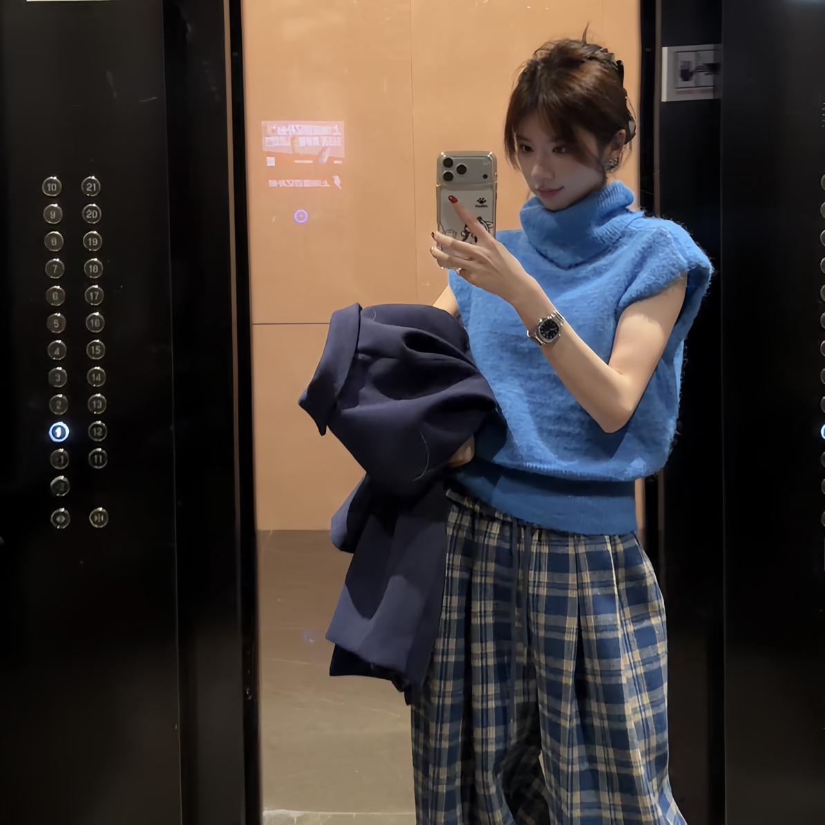 【47bb】中古蓝色堆堆领上衣含羊毛47n002