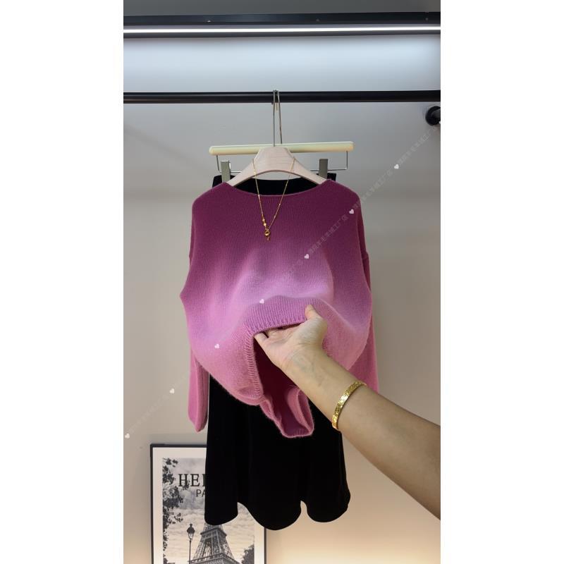 渐变色小一字领网红气质时尚显瘦长袖针织女士羊绒羊毛衫-工厂店